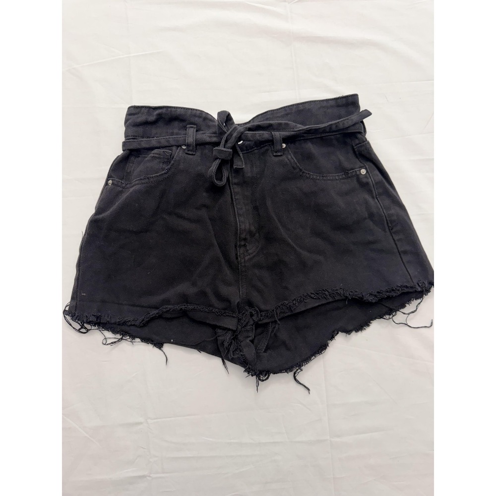 PacSun Shorts Womens 28 Black Paperbag Mom High Rise Denim Cutoff Raw Hem Belted